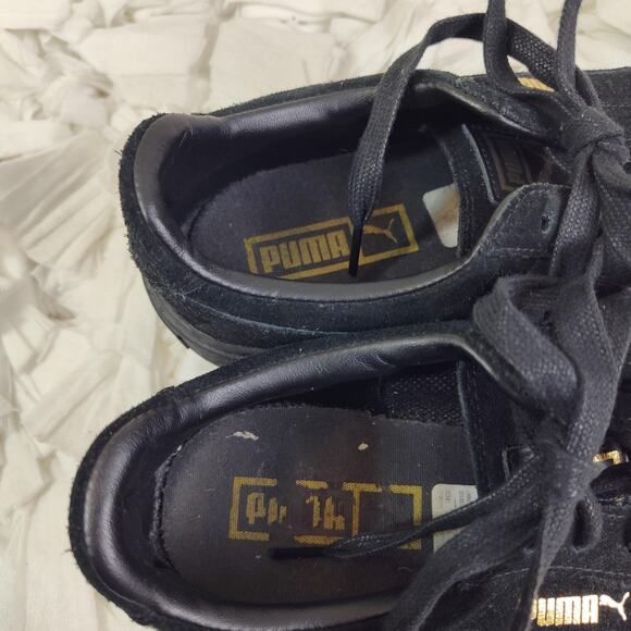 Puma Basket Low Top Shoes Womens Size 8.5 Black Suede Gold Metallic Toe Cap - Picture 11 of 14